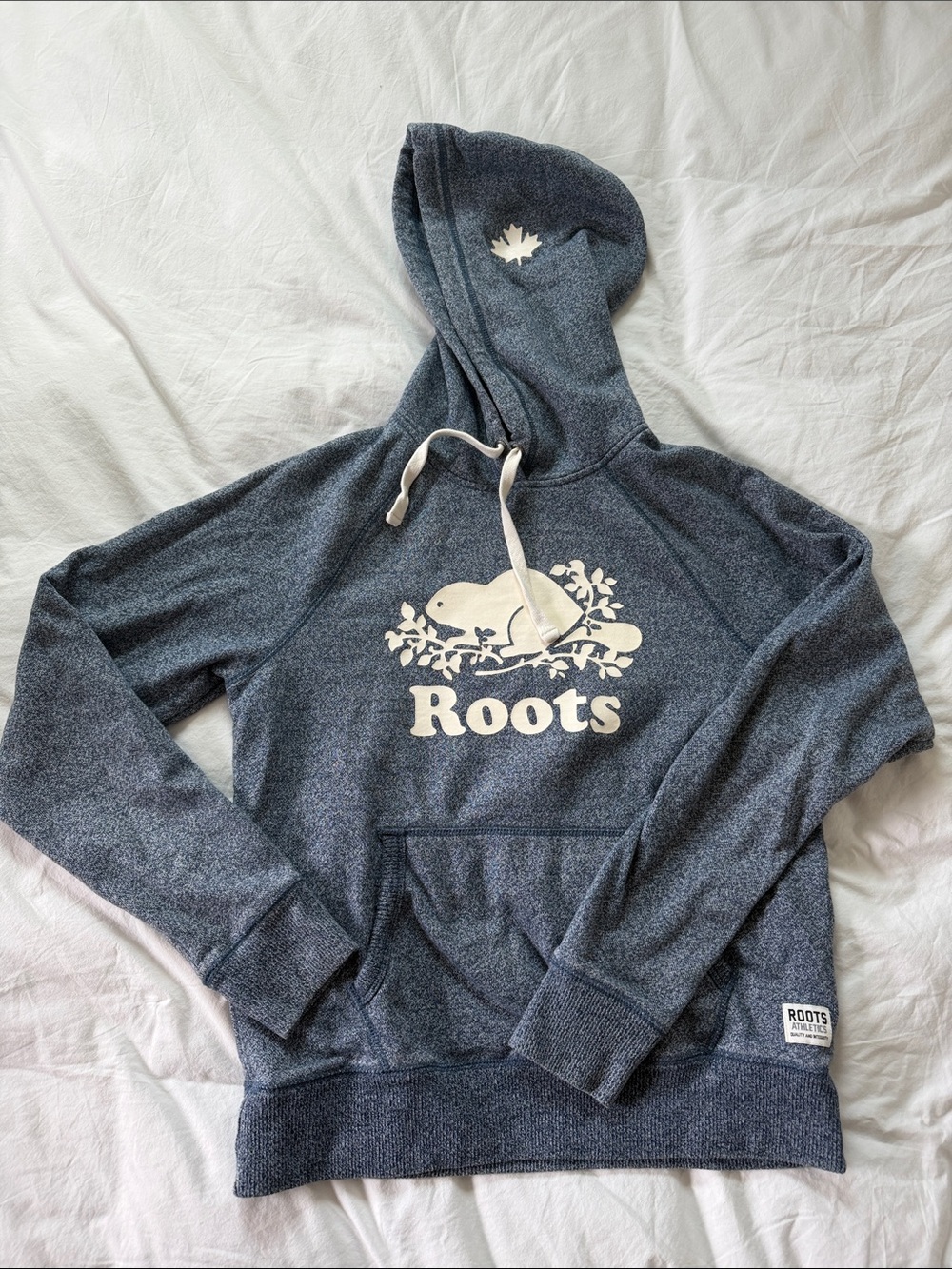 Roots Heather Navy Hoodie with Cream Beaver Logo